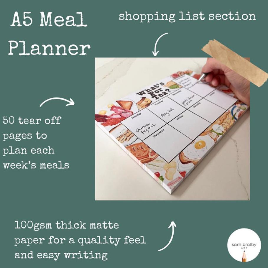 A5 Meal Planner infographic show int shop ping list section, 50 year for pages and 100gsm thick Matt paper
