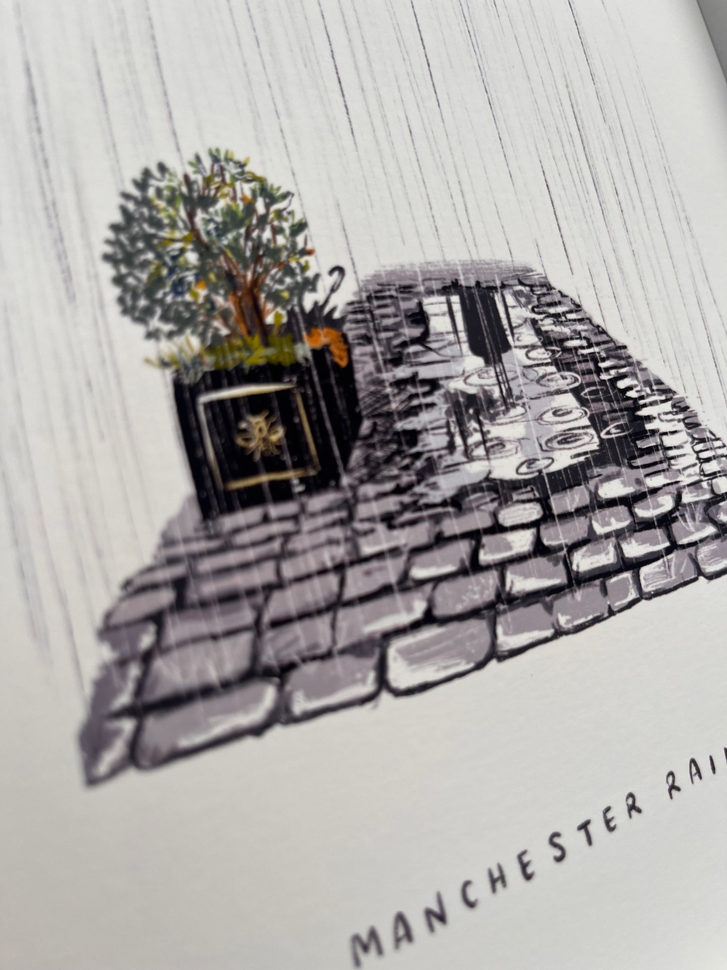 Close up of rainy Manchester street illustration