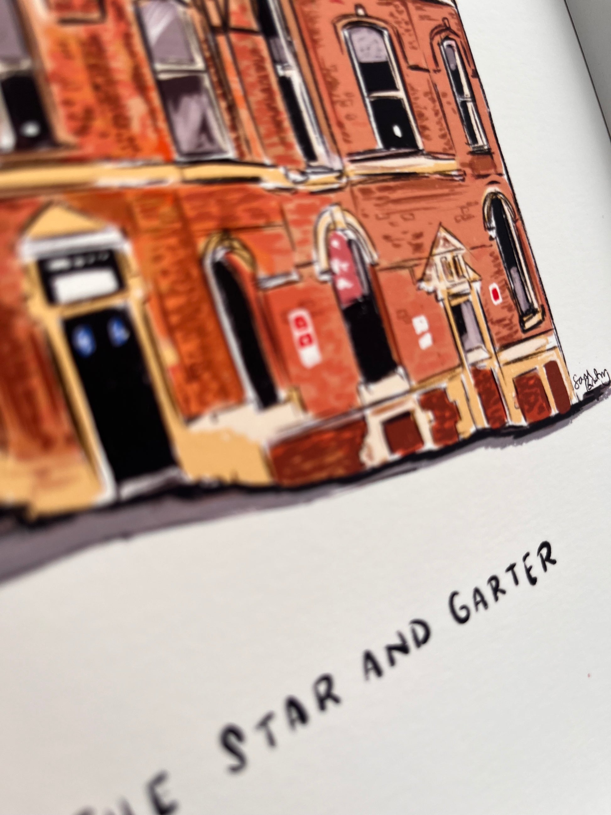 Close up of illustrated building Star and Garter in Manchester