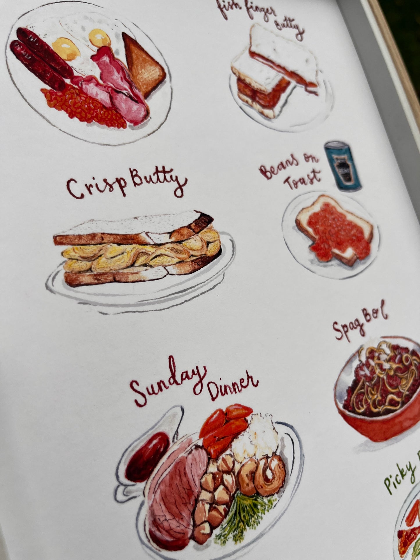 Close I- of what’s for tea illustrated ruing a crisp butty, beans on toast and Sunday dinner