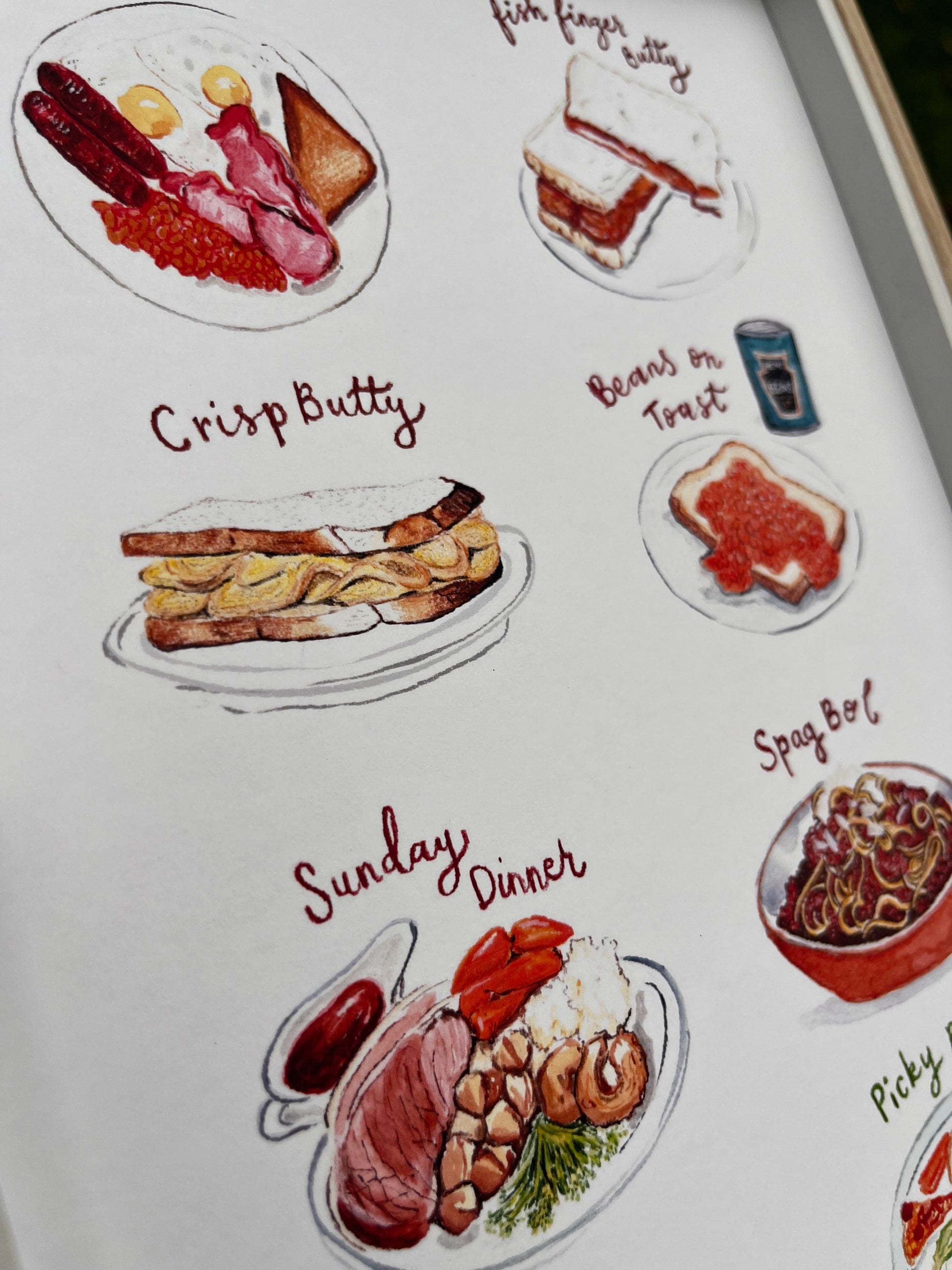 Close I- of what’s for tea illustrated ruing a crisp butty, beans on toast and Sunday dinner